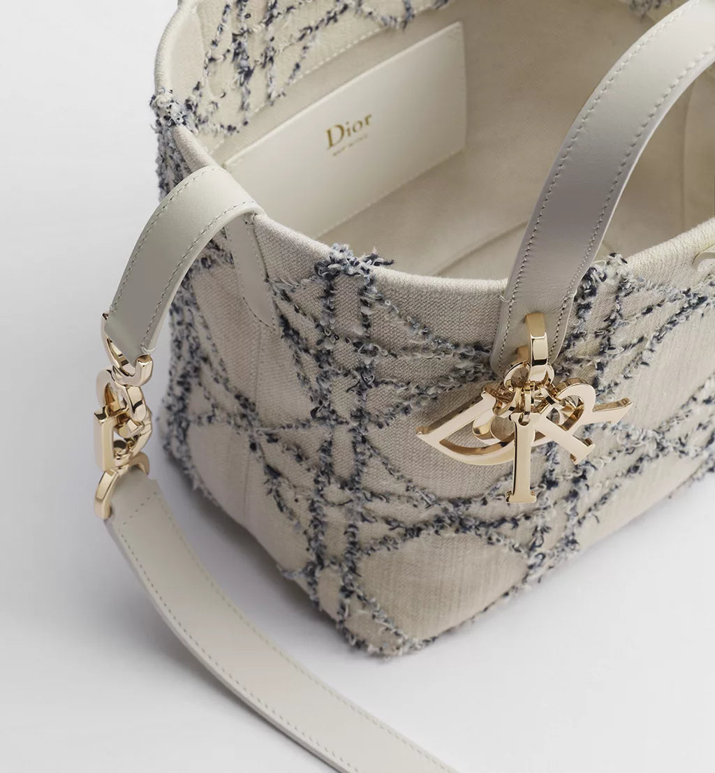 Small Dior Toujours Vertical Tote Bag Beige and Blue Macrocannage Cotton Bouclé