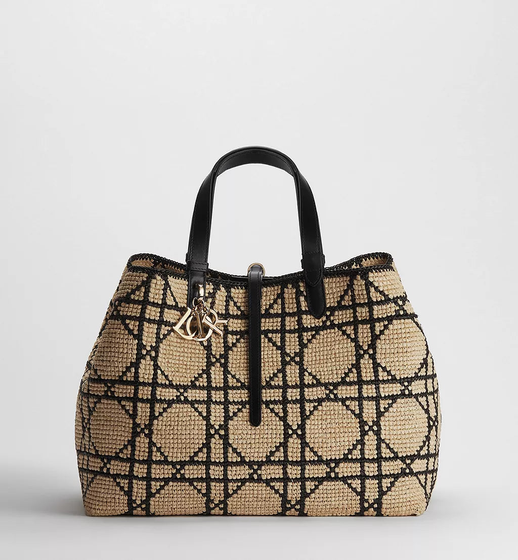 Large Dior Toujours Bag Natural and Black Macrocannage Raffia with Black Calfskin