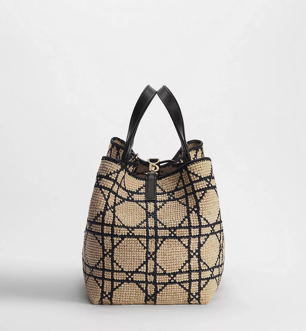 Large Dior Toujours Bag Natural and Black Macrocannage Raffia with Black Calfskin