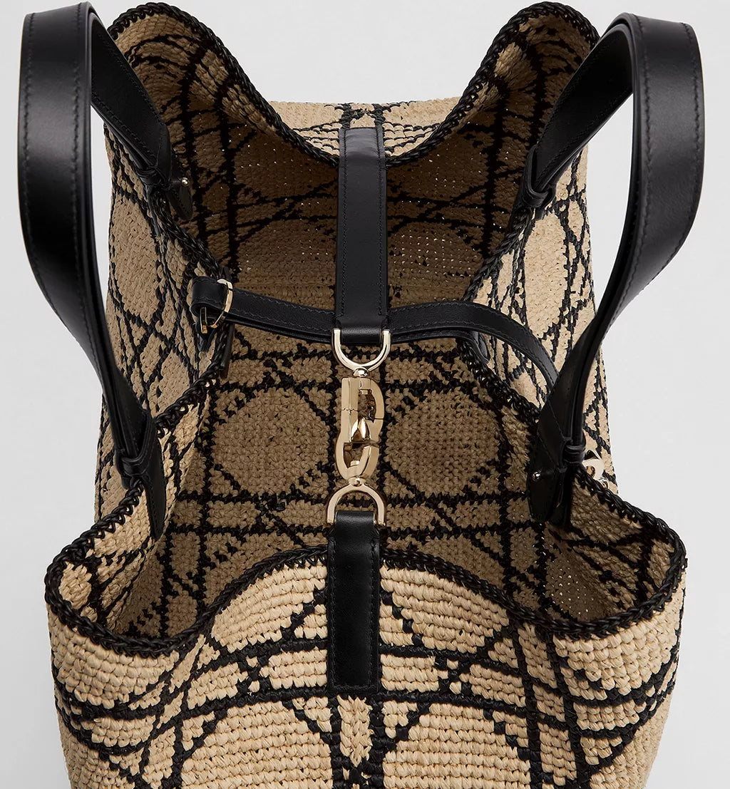Large Dior Toujours Bag Natural and Black Macrocannage Raffia with Black Calfskin