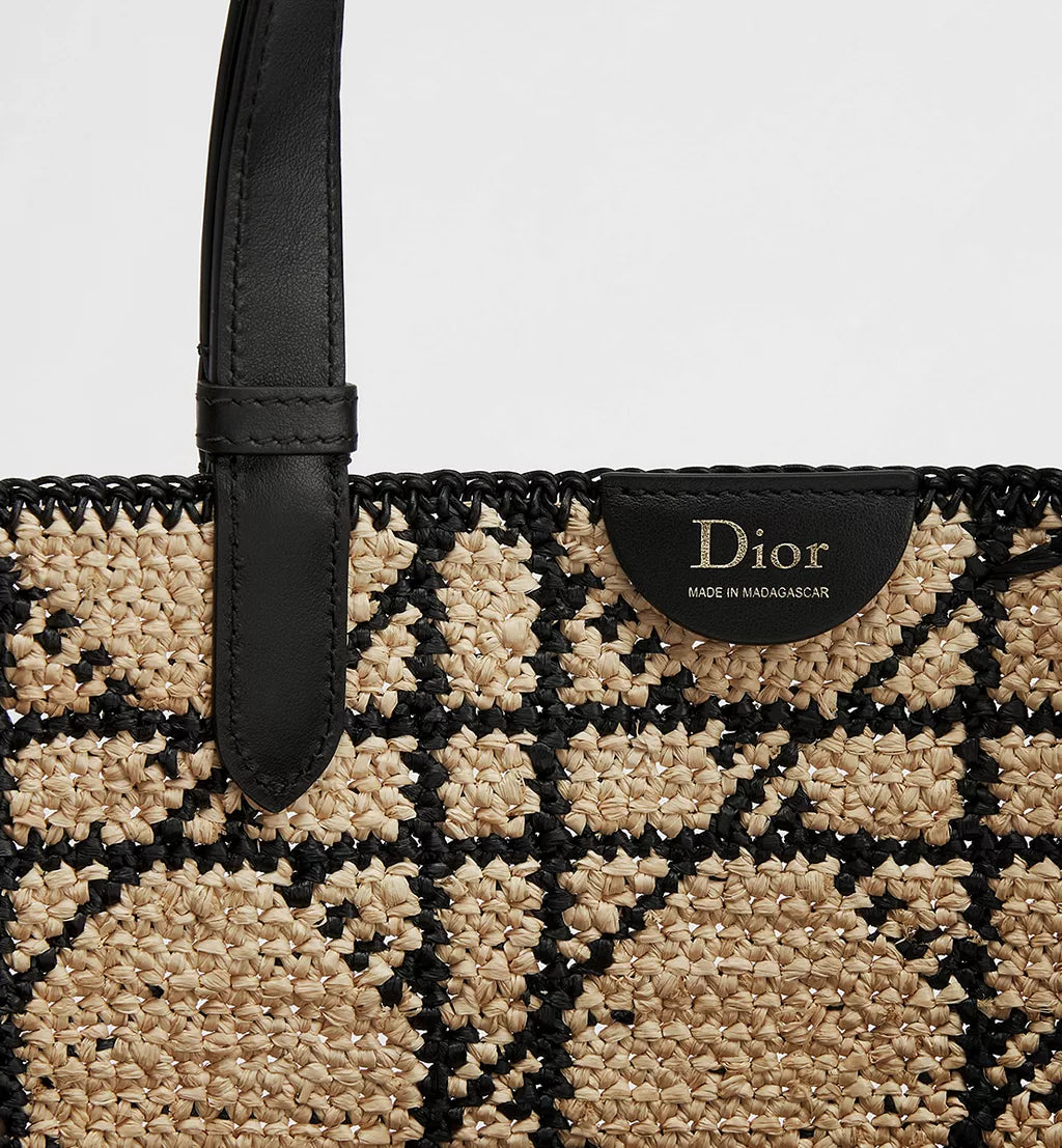 Large Dior Toujours Bag Natural and Black Macrocannage Raffia with Black Calfskin