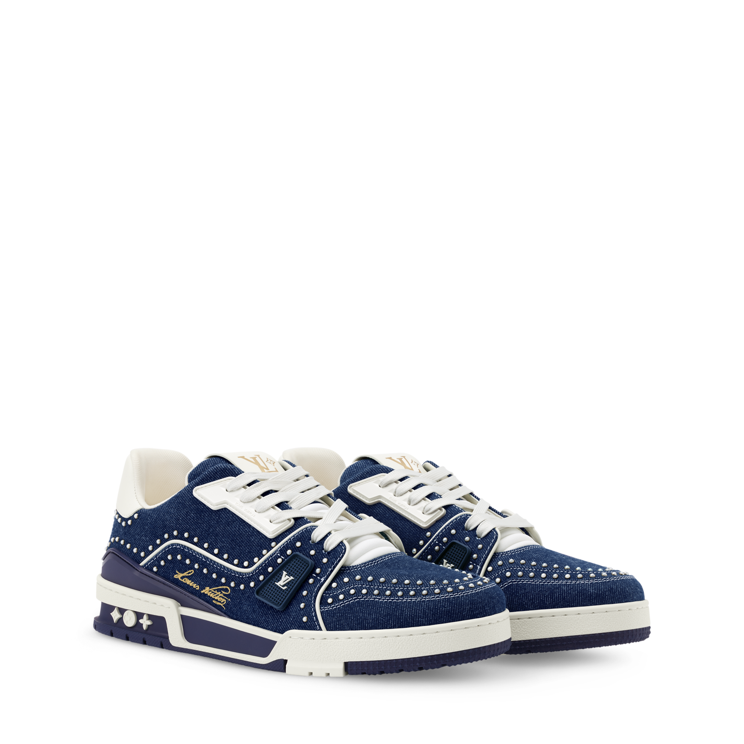 Louis Vuitton LV Trainer Indigo Blue Denim Sneakers with Swarovski™ Pearls